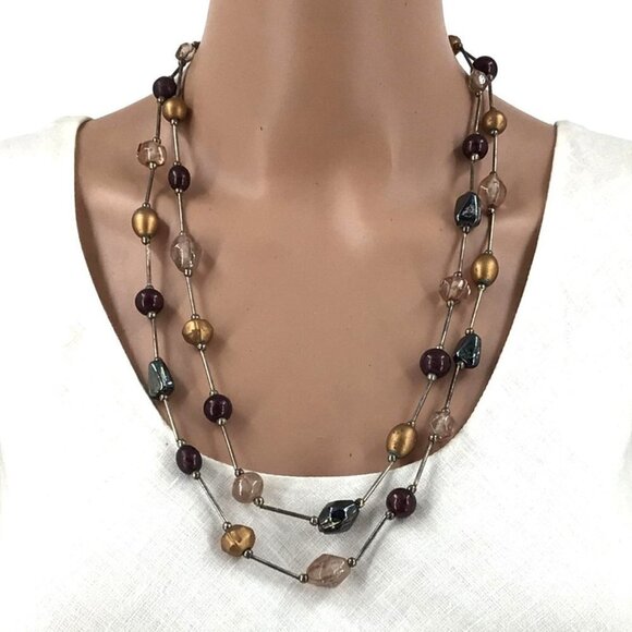 Vintage Double Strand Necklace Mixed Beads Silver Green Gold Purple Adjustable L - Picture 1 of 4